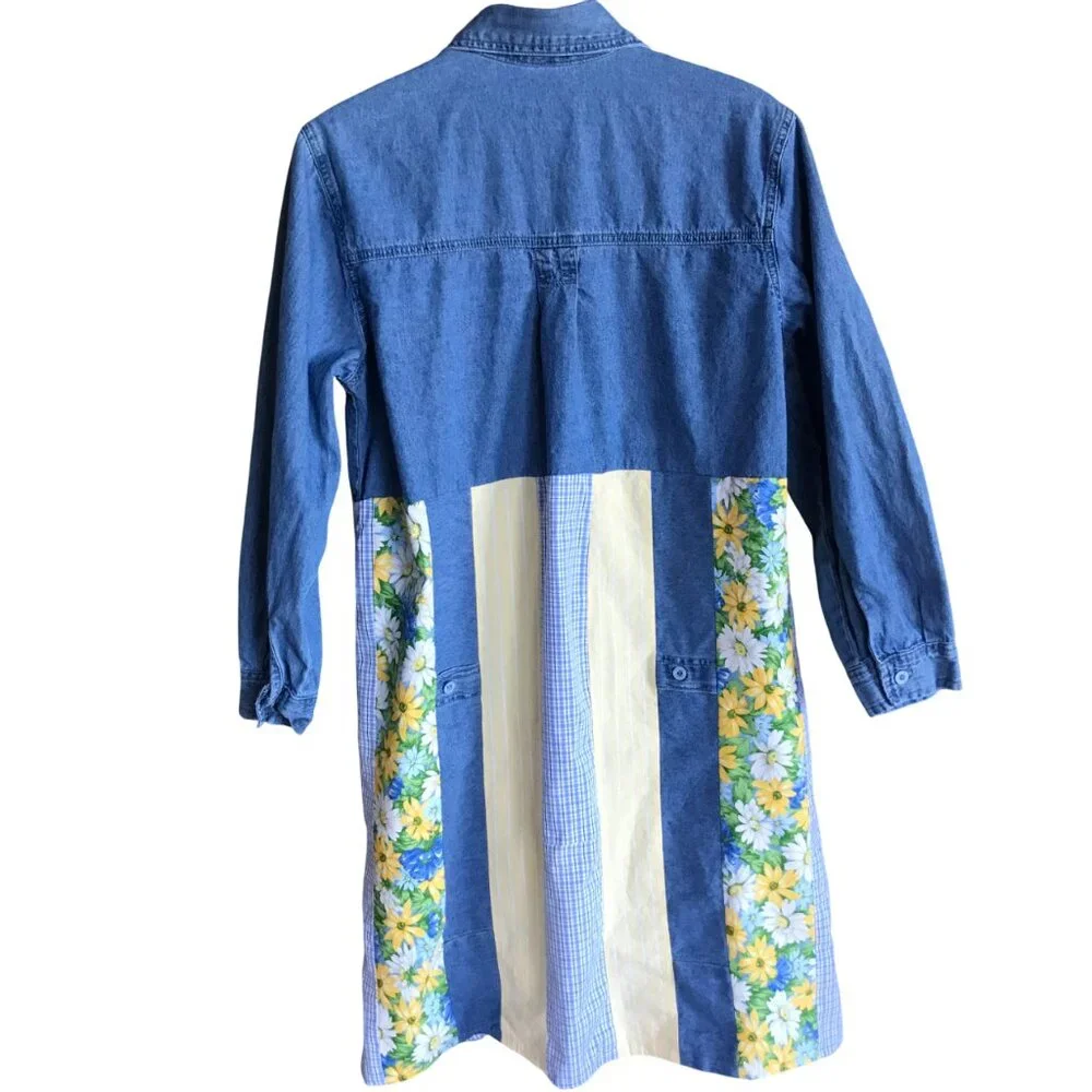 Patchwork Denim Duster, Upcycled Boho Layering Jacket Spring Daisies Size Large - Picture 7 of 14
